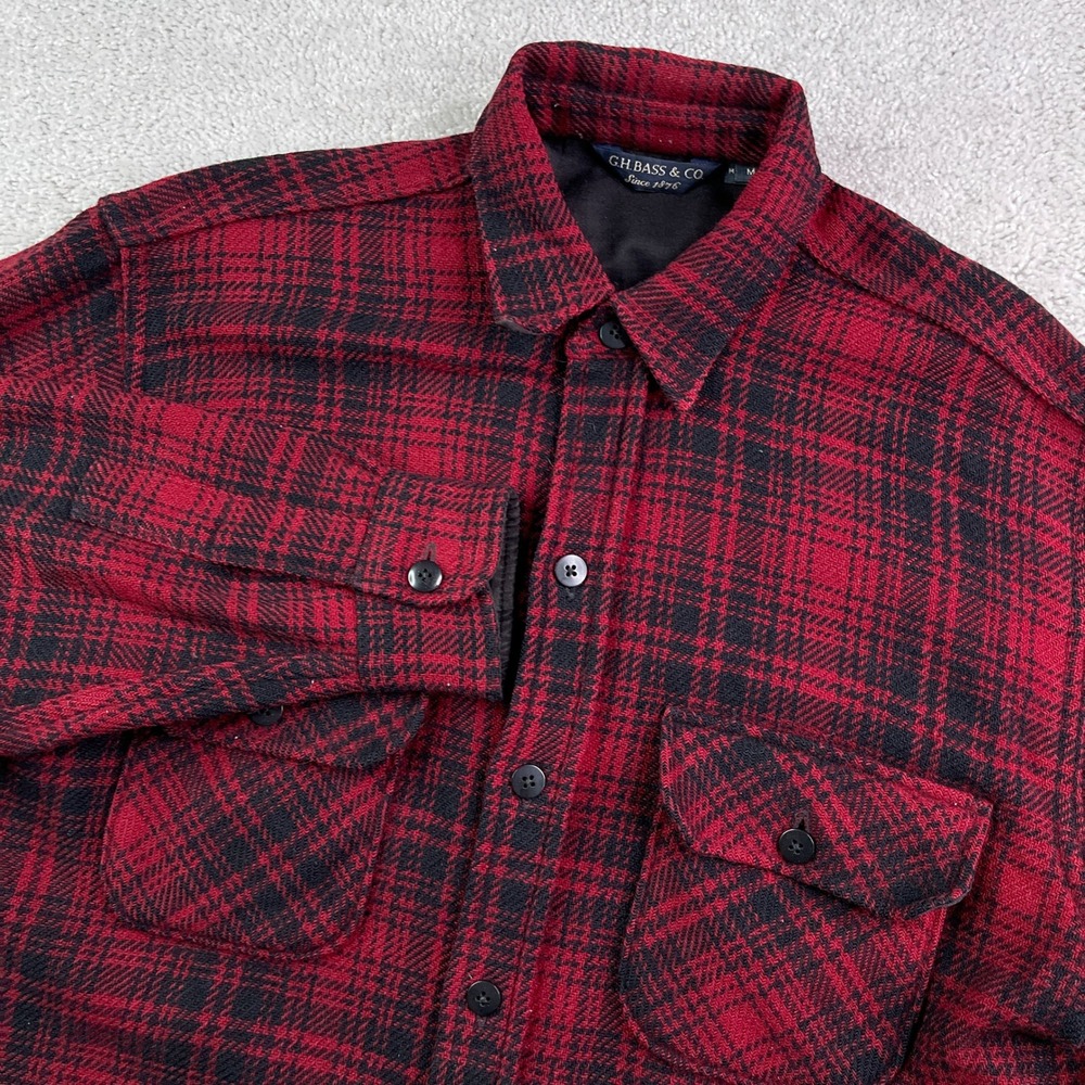 Vintage GH Bass Shirt Mens Medium Red Black Plaid Wool Flannel Made‎ in USA